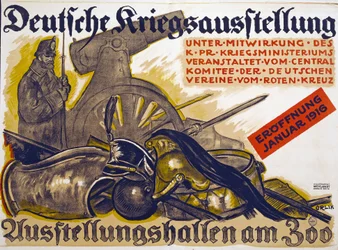 Plakat zur Werbung für eine Kriegsausstellung, gesponsert vom Roten Kreuz Deutsche Kriegsausstellung, Januar 1916